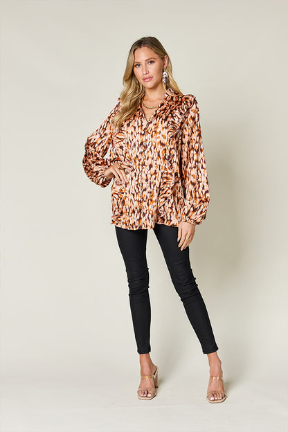 Printed Button-Down Top with Ruffle Balloon Sleeves