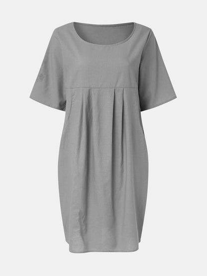 Full Size Round Neck Half Sleeve Dress with Pockets Gray