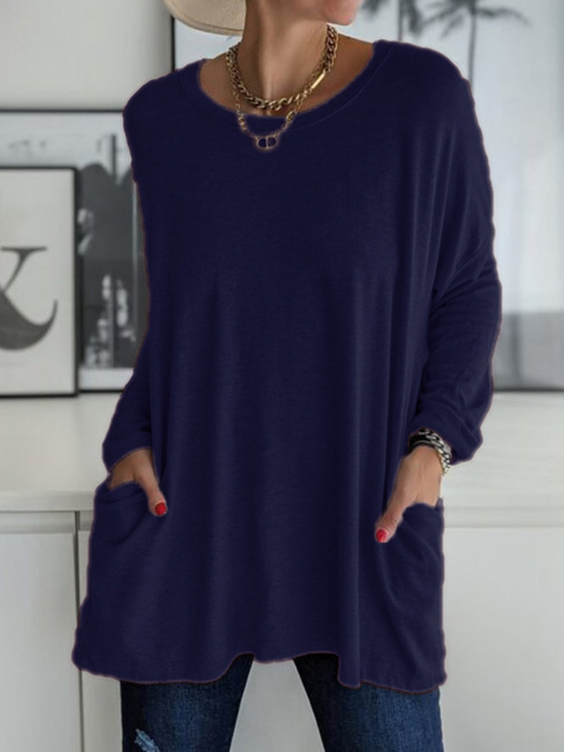 Full Size Round Neck Long Sleeve T-Shirt Navy