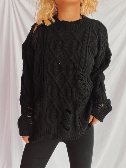 Distressed Cable-Knit Round Neck Long Sleeve Sweater Black One Size