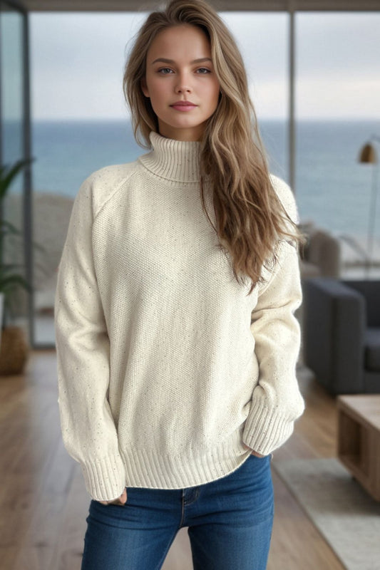 Ribbed Turtleneck Raglan Sleeve Sweater Cream One Size