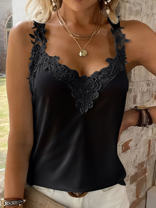 Full Size Lace Detail V-Neck Tank Black