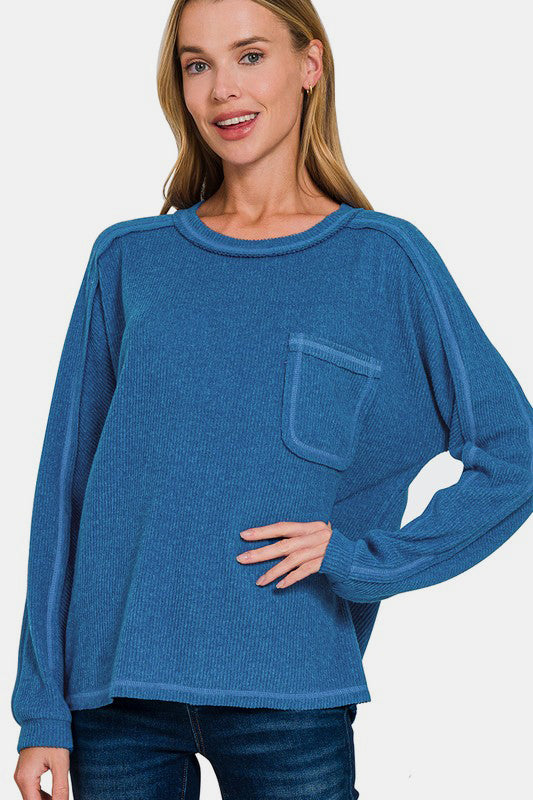 Zenana Full Size Contrast Stitching Brushed Ribbed Hacci Knit Top Plus Size Royal Blue