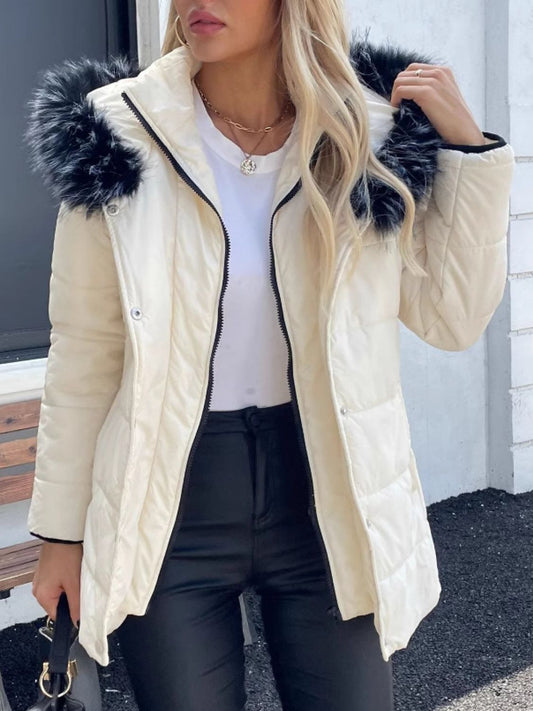 Zip Up Long Sleeve Hooded Winter Coat Cream