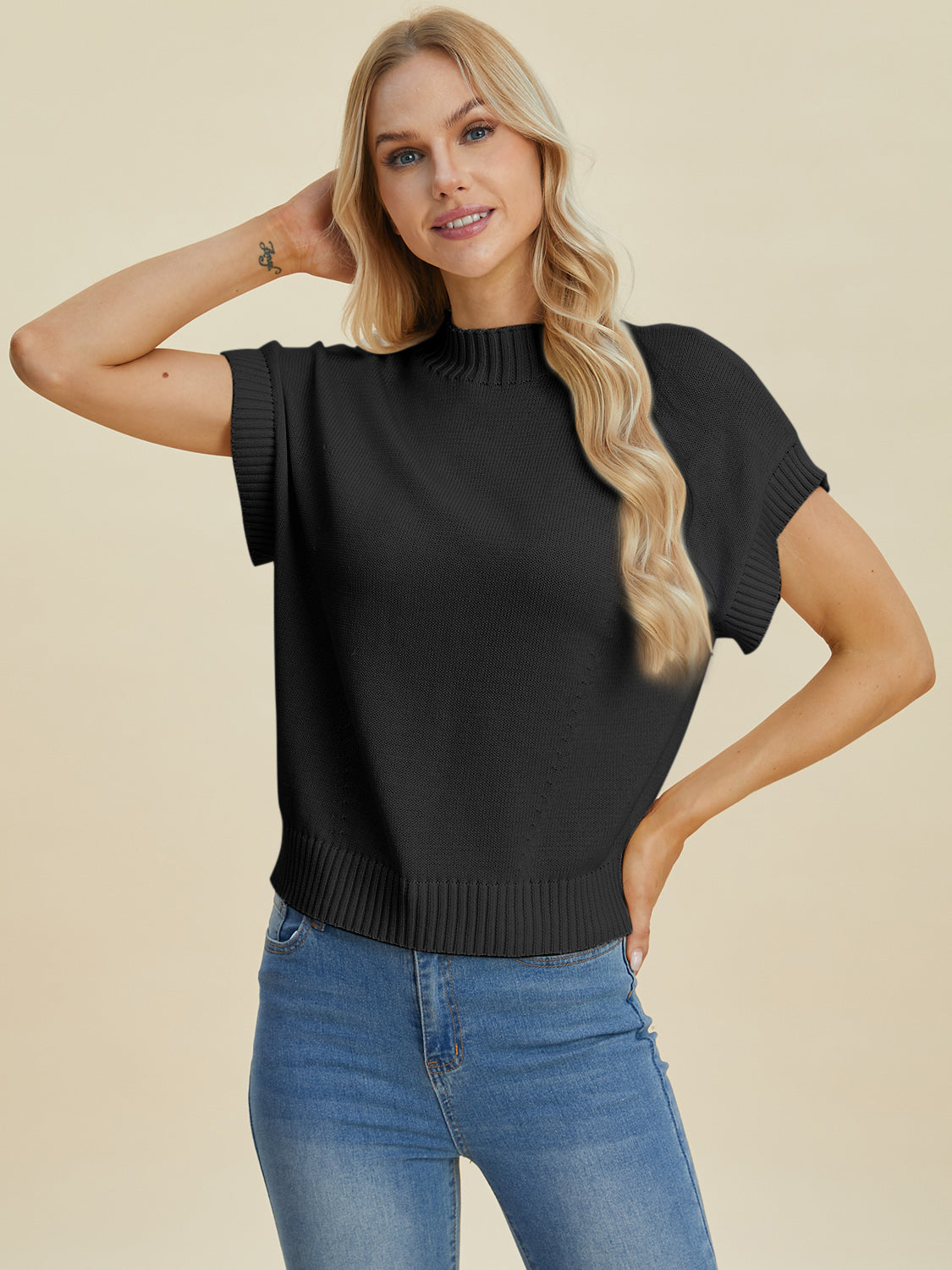 Double Take Full Size Mock Neck Short Sleeve Sweater Black