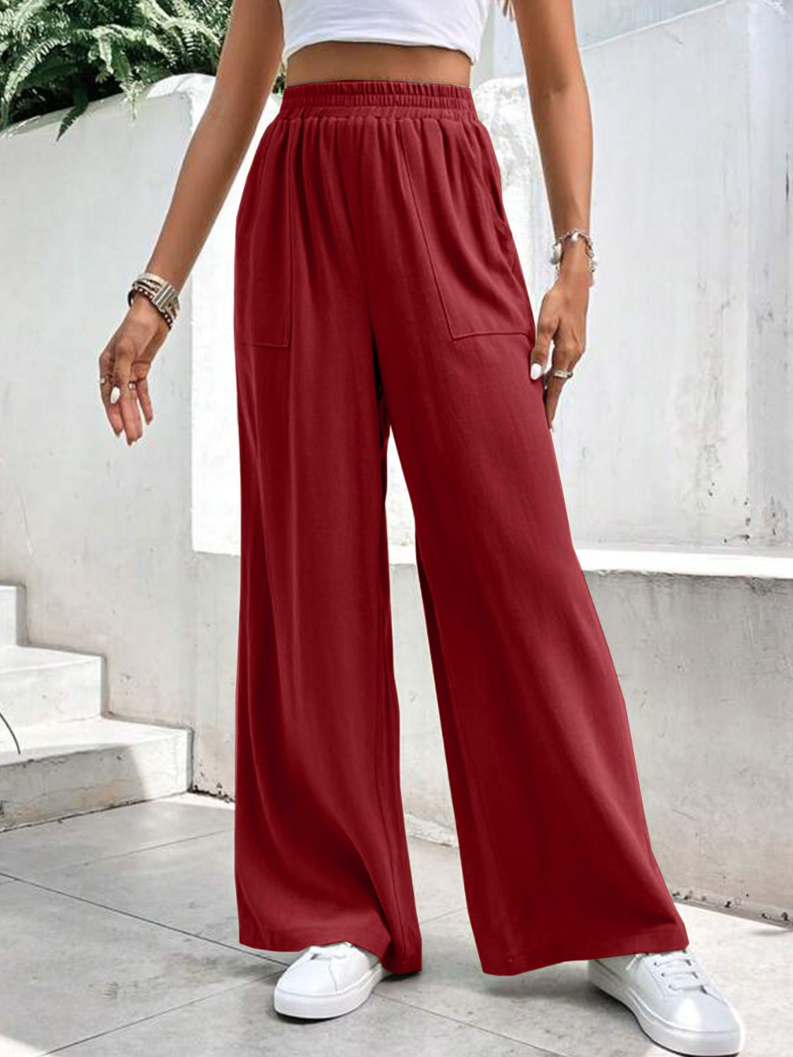 High Waist Wide Leg Pants with Pockets Burgundy