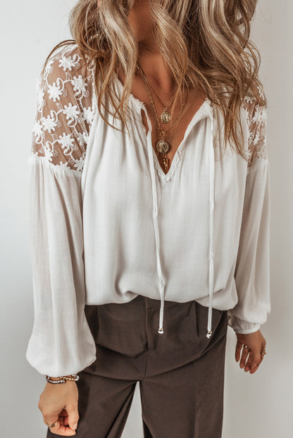 Lace Tie Neck Long Sleeve Blouse White