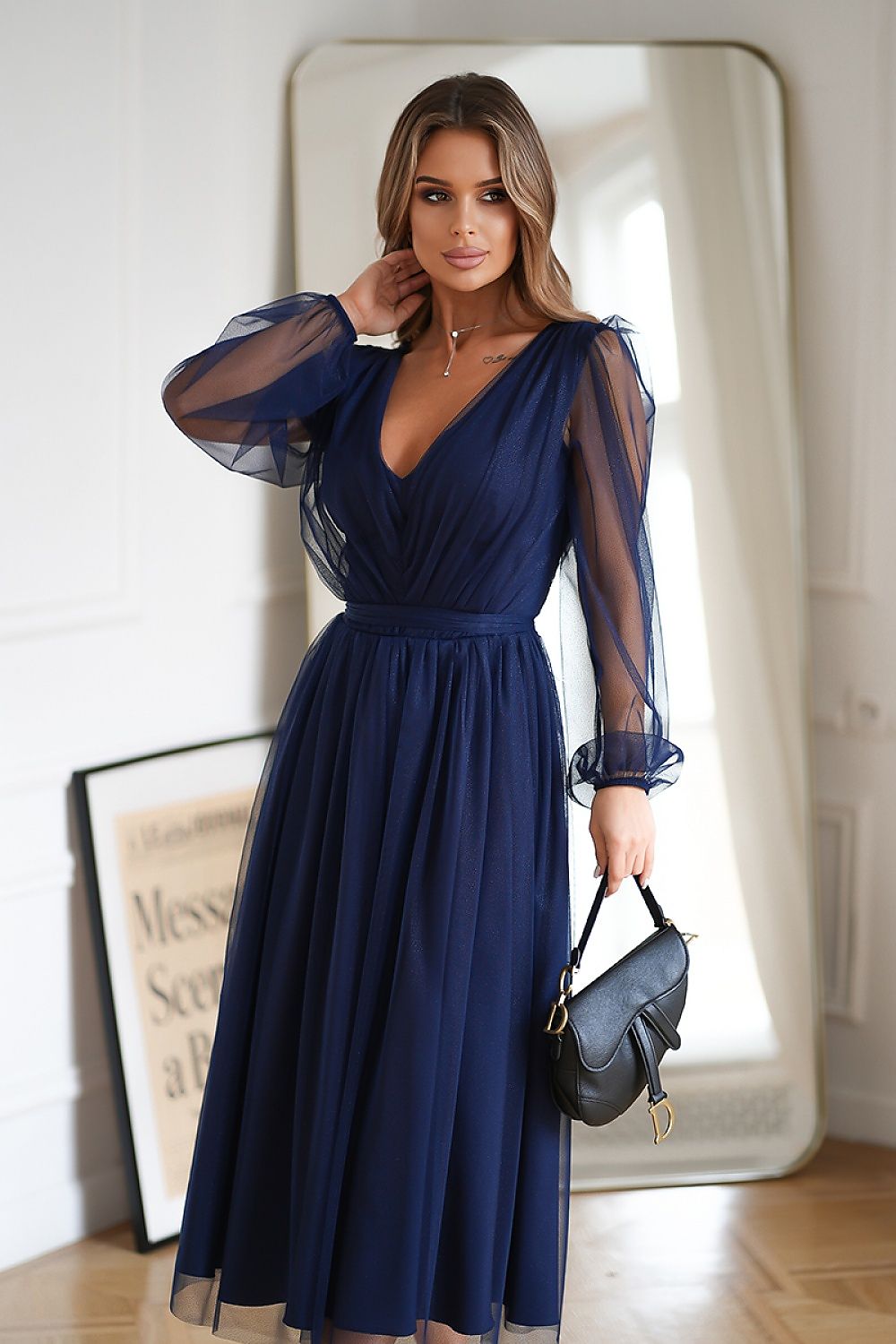 Elegant Layered Midi Dress with Brocade Mesh