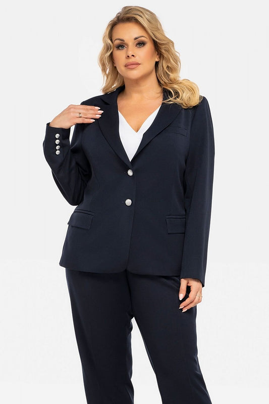 Plus Size Waisted Jacket with Decorative Buttons navy blue