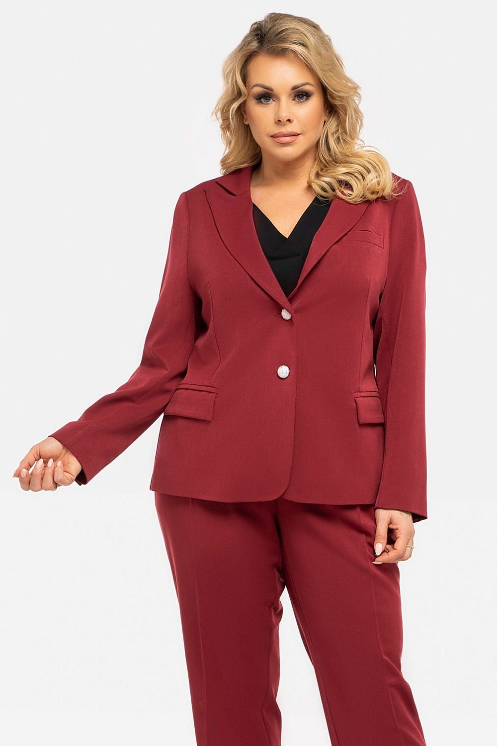 Plus Size Waisted Jacket with Decorative Buttons red