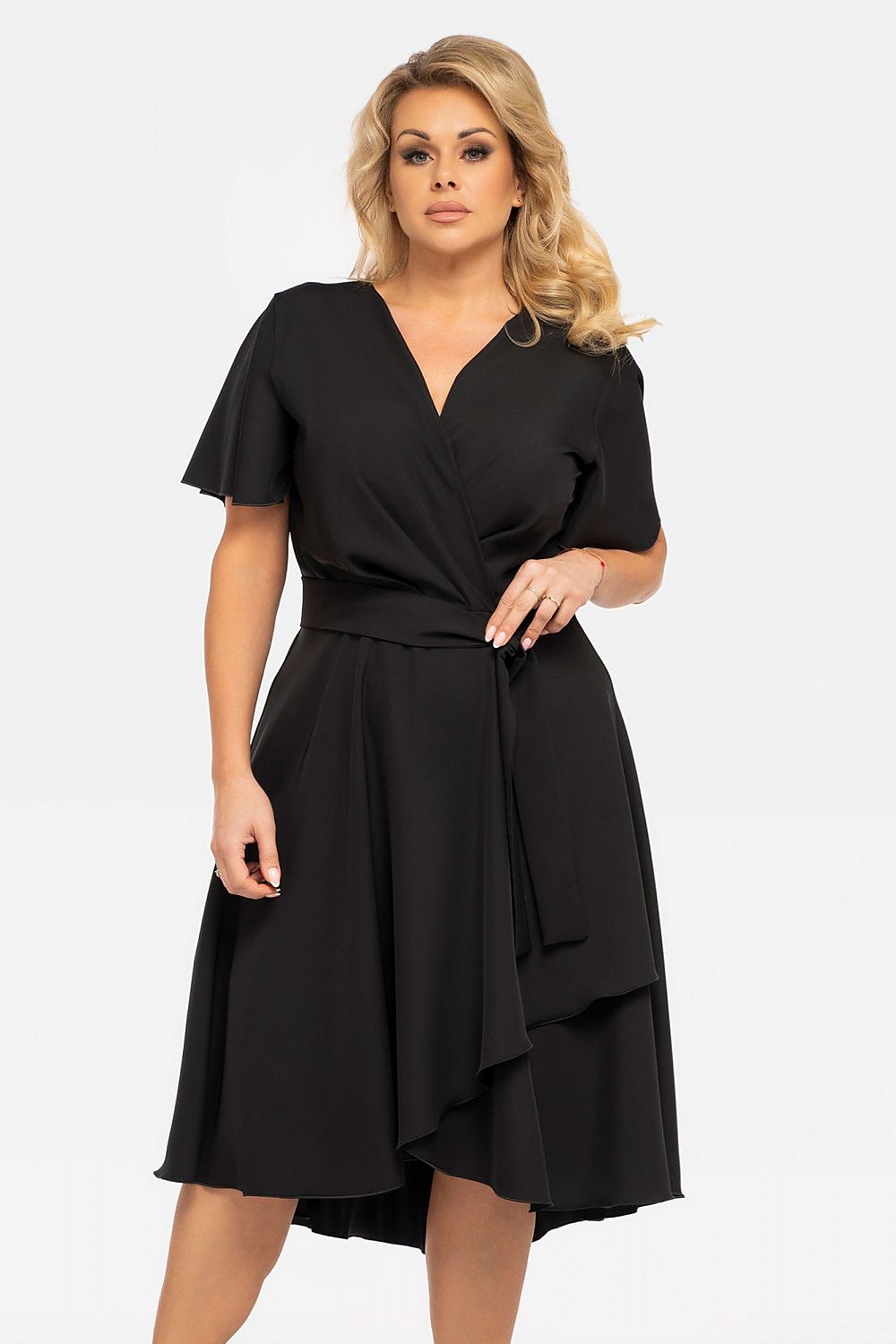 Plus Size Wrap Dress with Asymmetrical Hem black