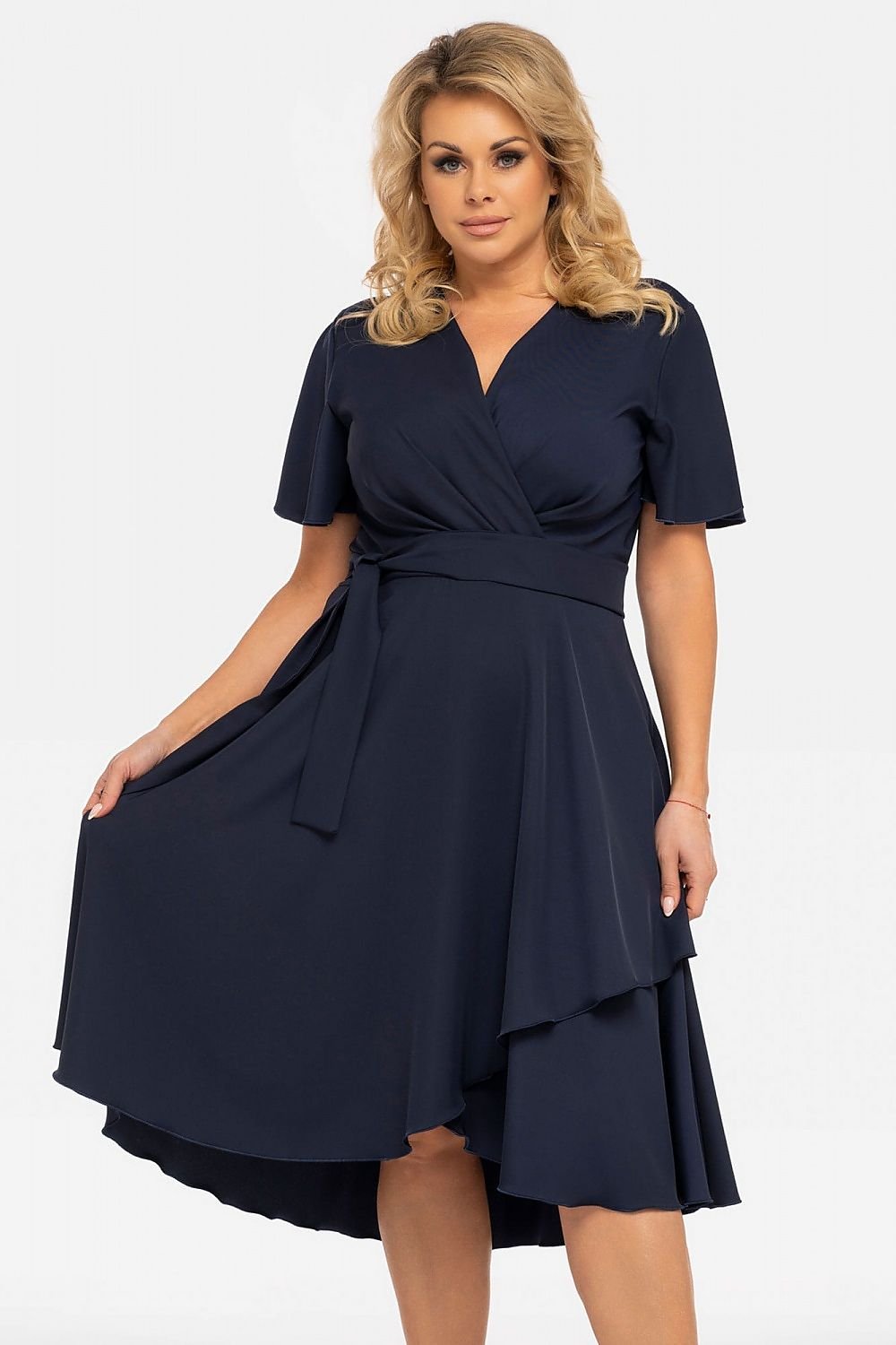 Plus Size Wrap Dress with Asymmetrical Hem navy blue