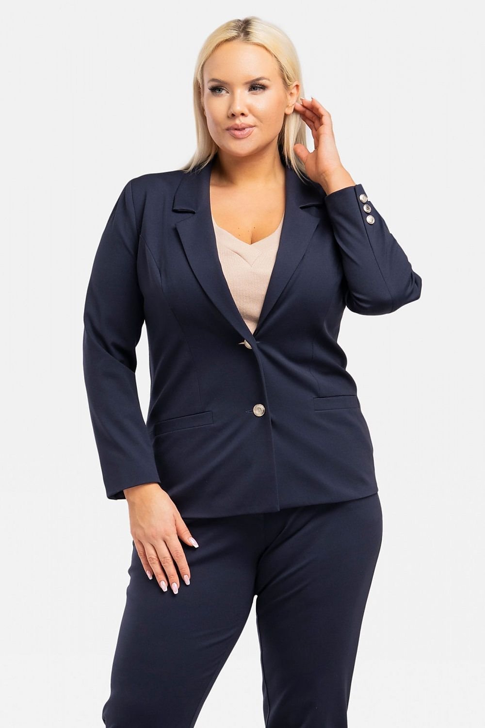 Plus Size Elegant Jacket with Decorative Buttons navy blue