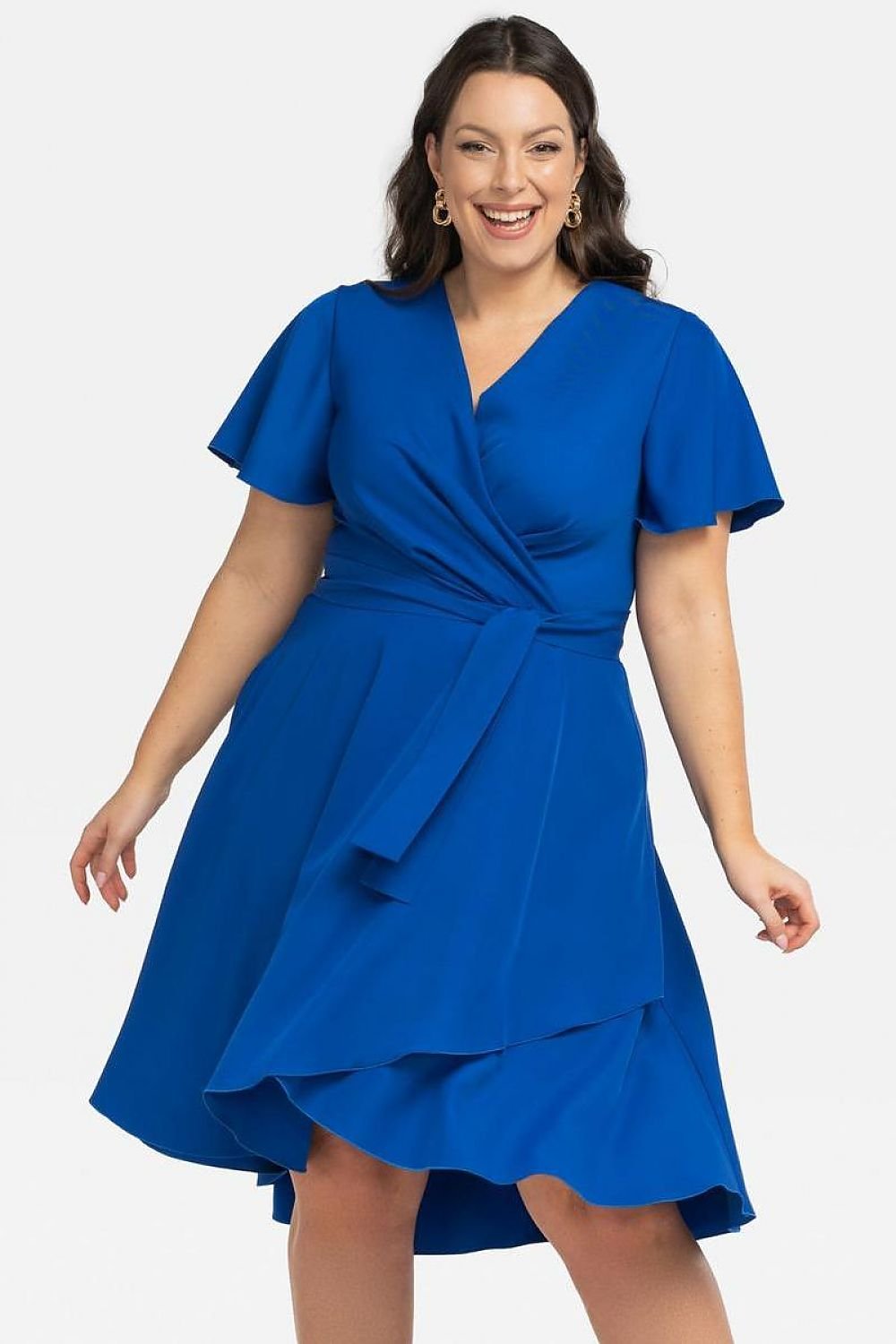 Plus Size Wrap Dress with Asymmetrical Hem blue