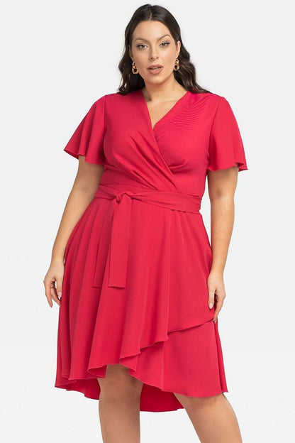 Plus Size Wrap Dress with Asymmetrical Hem red