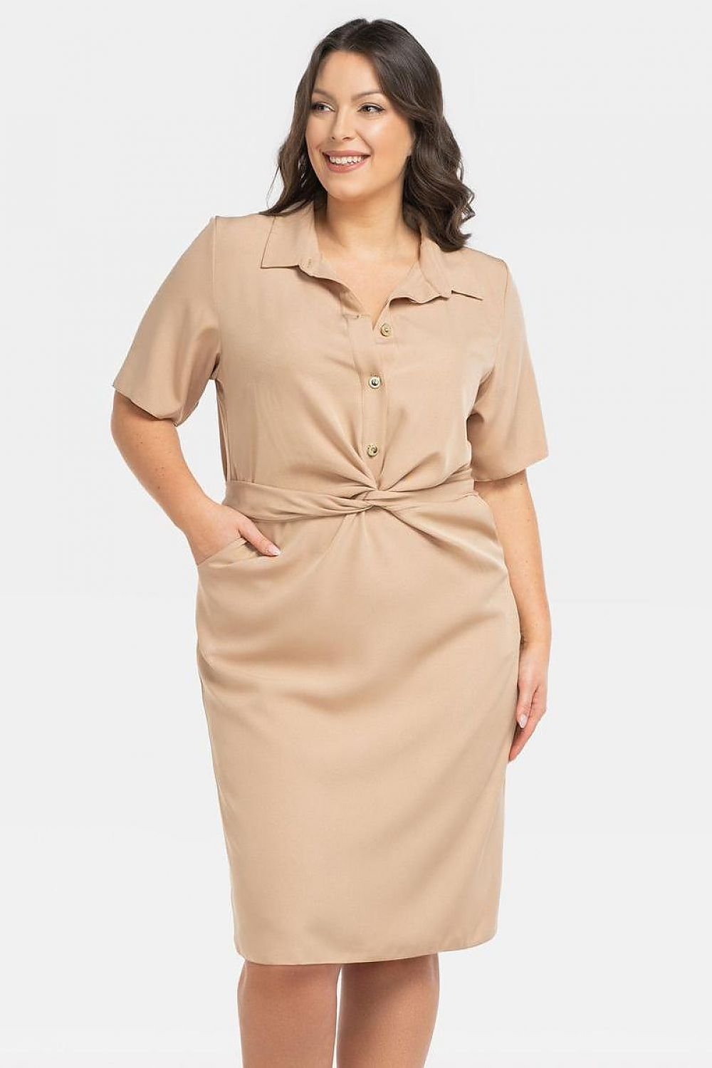 Plus Size Wrap Dress with Pockets beige