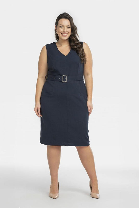 Plus Size Belted Heart Neckline Dress navy blue