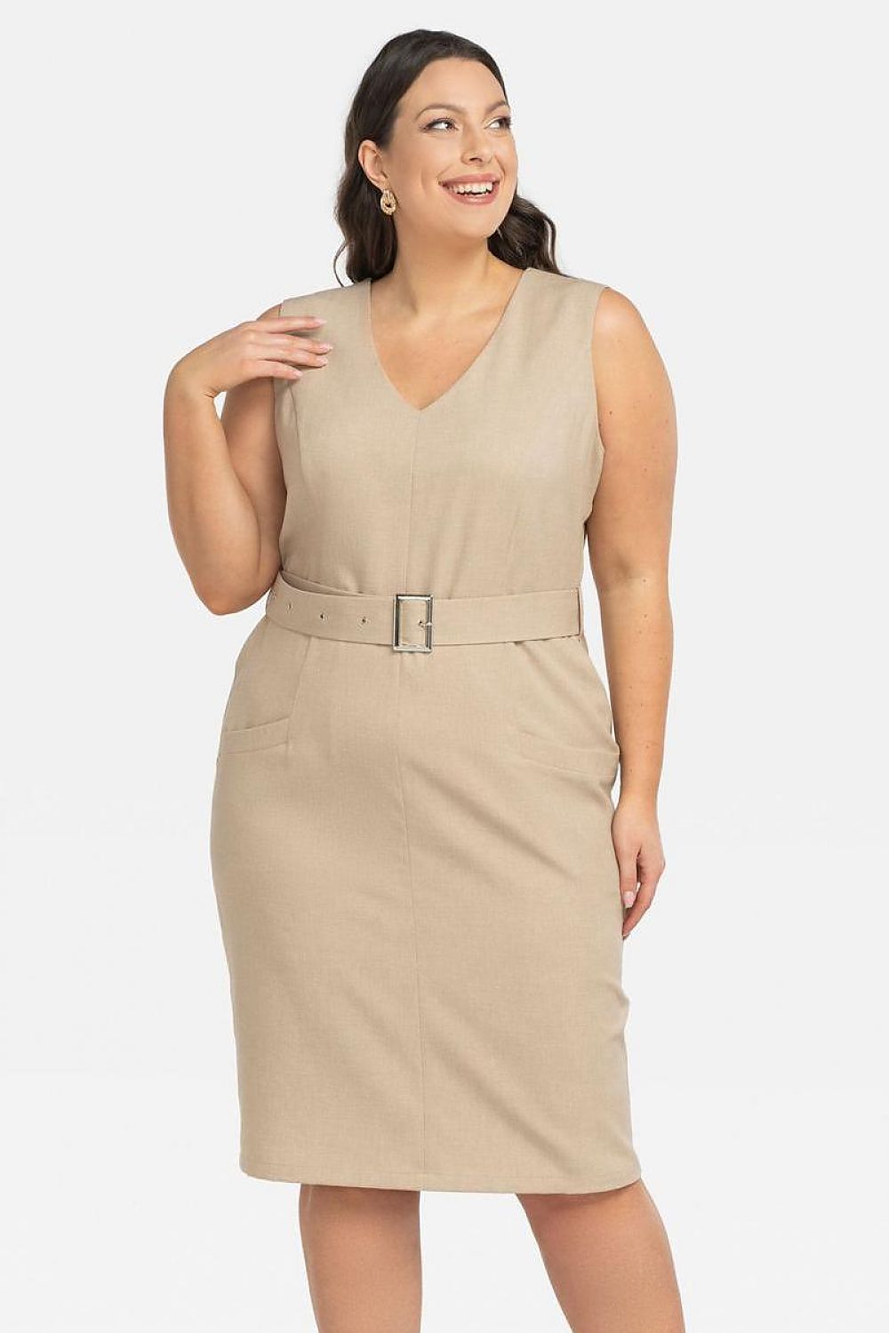 Plus Size Belted Heart Neckline Dress beige