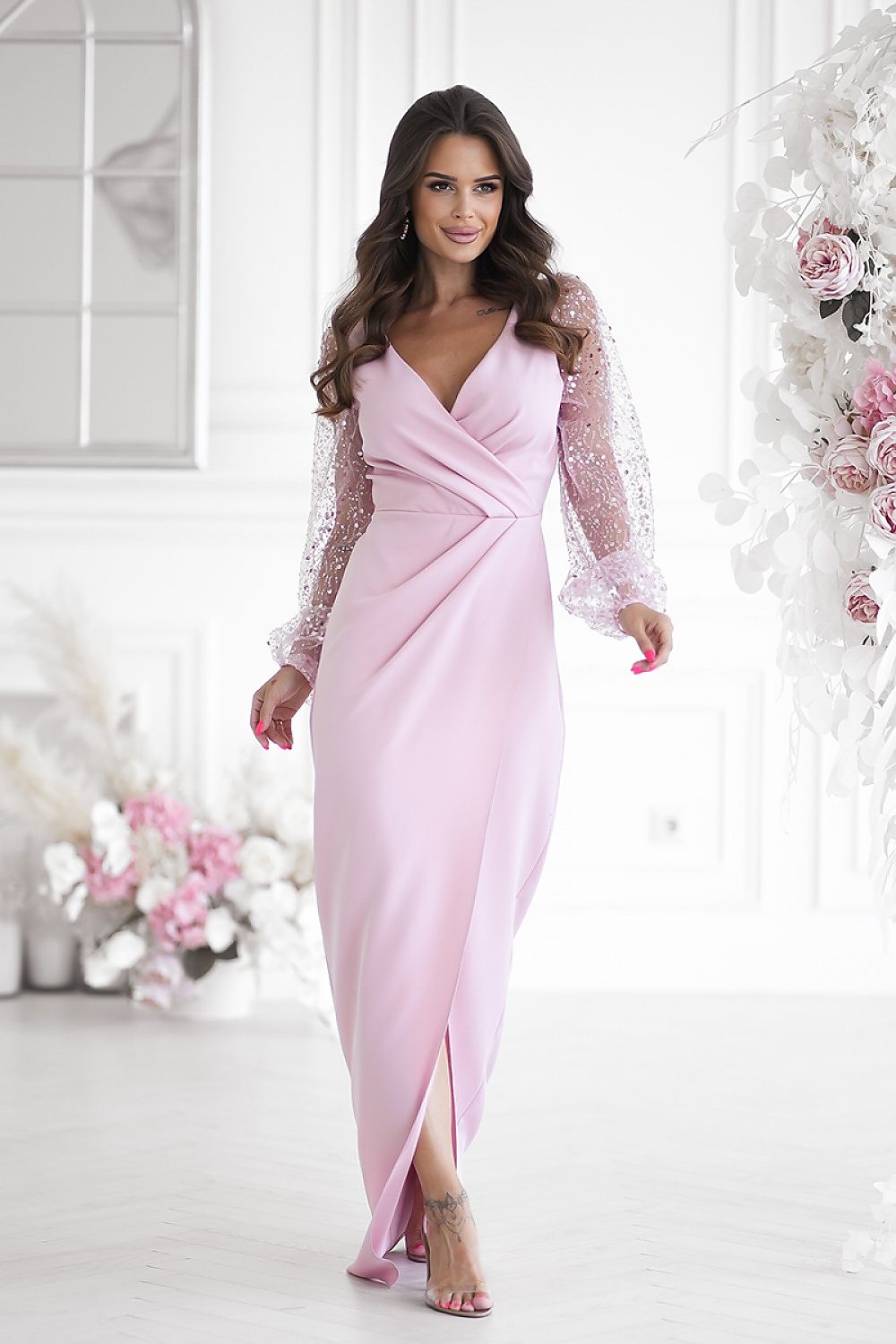 Sequin Sleeve Heart Neckline Bridesmaid Dress pink