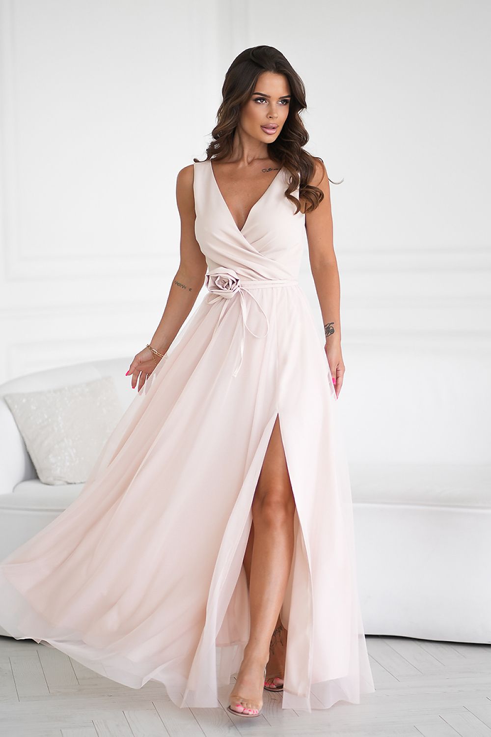 Elegant Bridesmaid Gown with Rose Belt beige