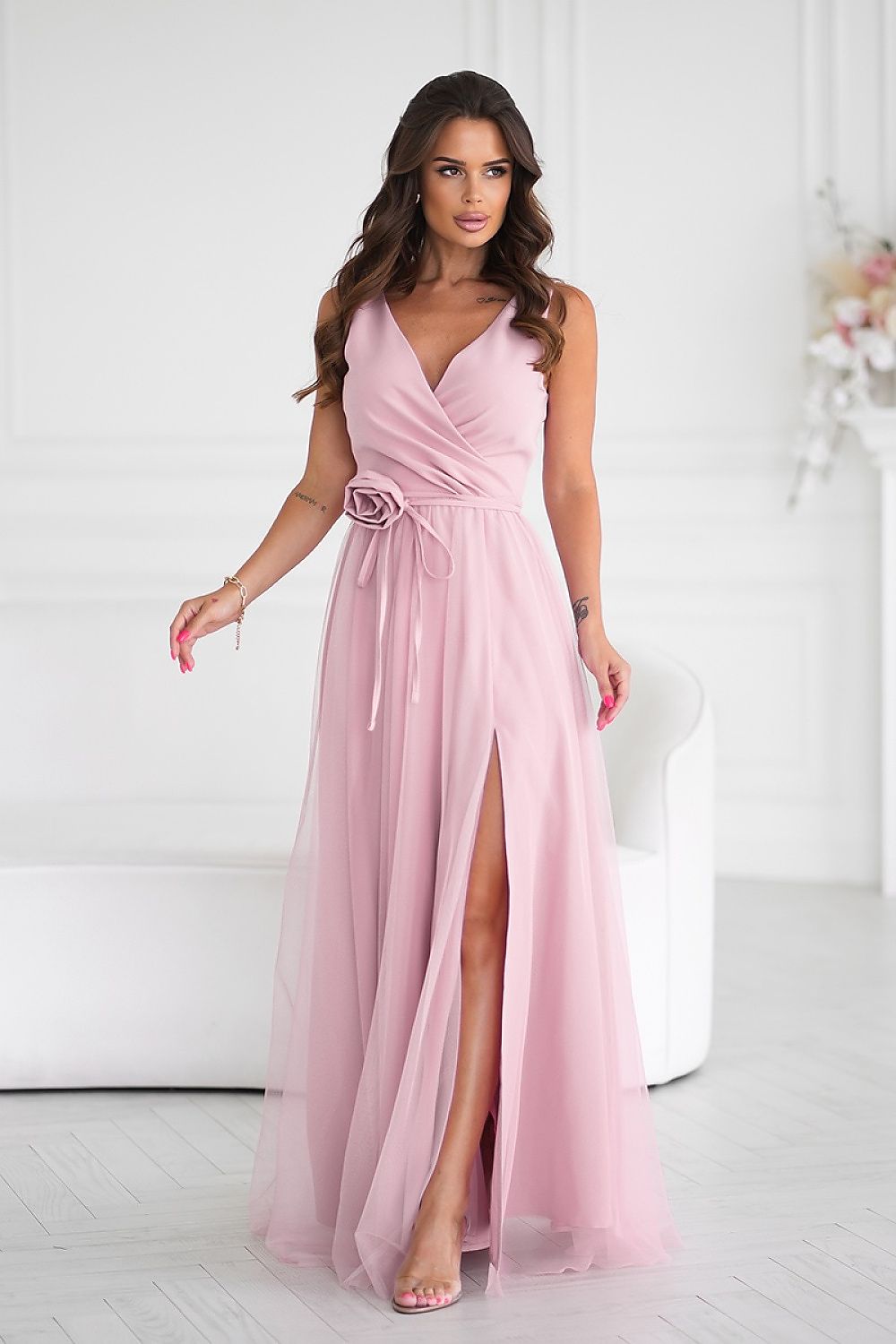 Elegant Bridesmaid Gown with Rose Belt pink