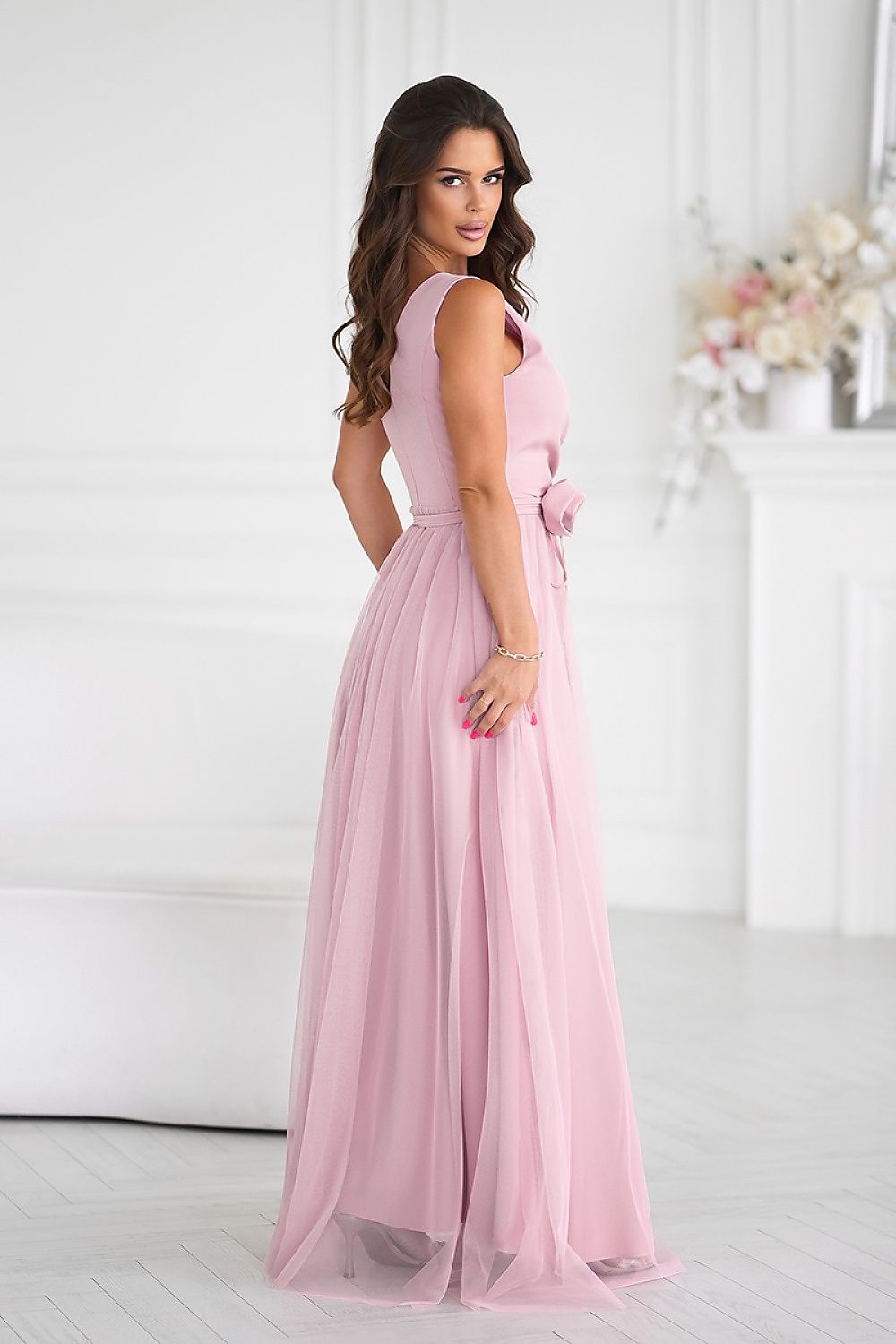 Elegant Bridesmaid Gown with Rose Belt