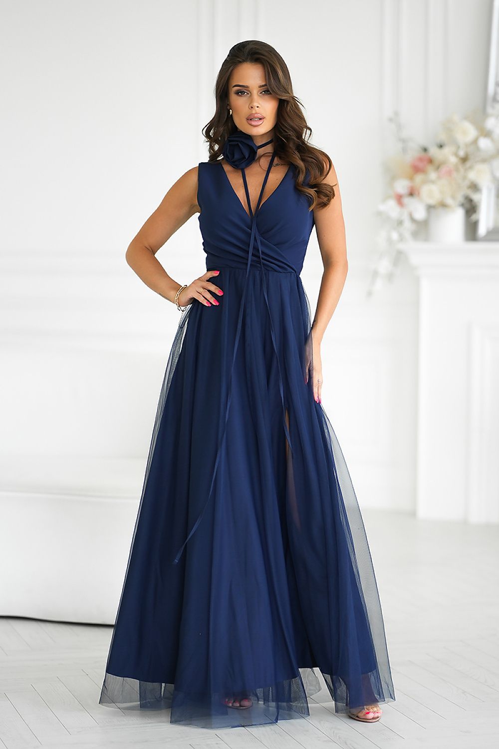 Elegant Bridesmaid Gown with Rose Belt navy blue