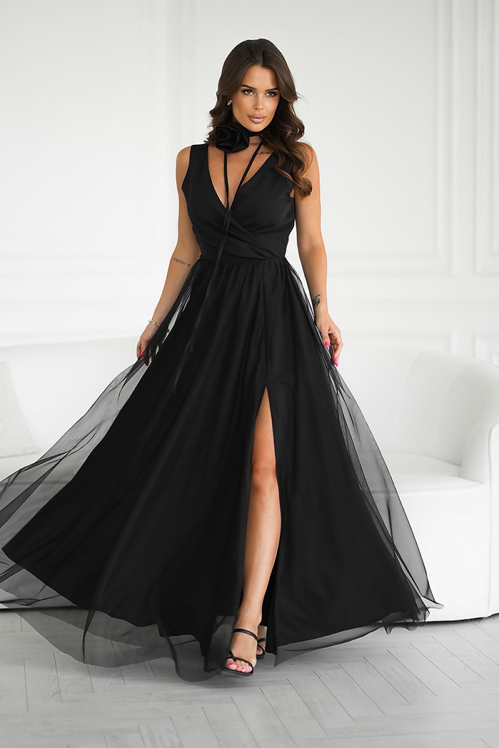 Elegant Bridesmaid Gown with Rose Belt black