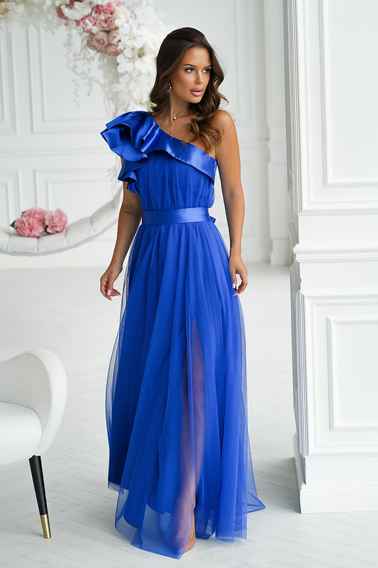 One-Shoulder Satin Bridesmaid Dress blue