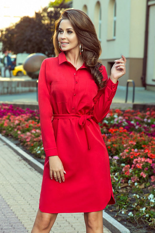 Beige Shirt Dress with Pockets red