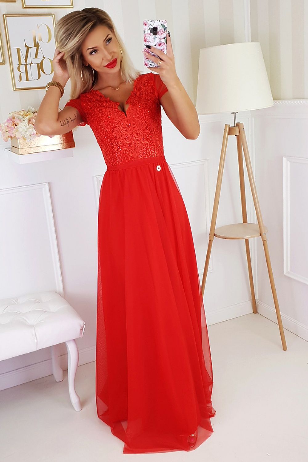 Flowy Heart Neckline Bridesmaid Dress red