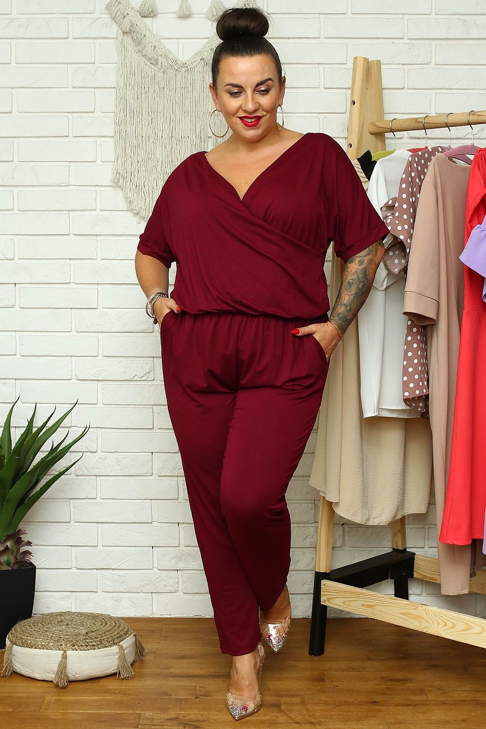 Plus Size Knit Jumpsuit red