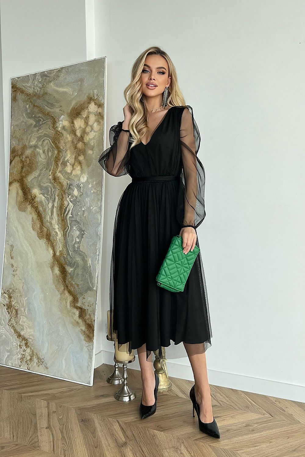 Elegant Layered Midi Dress with Brocade Mesh black