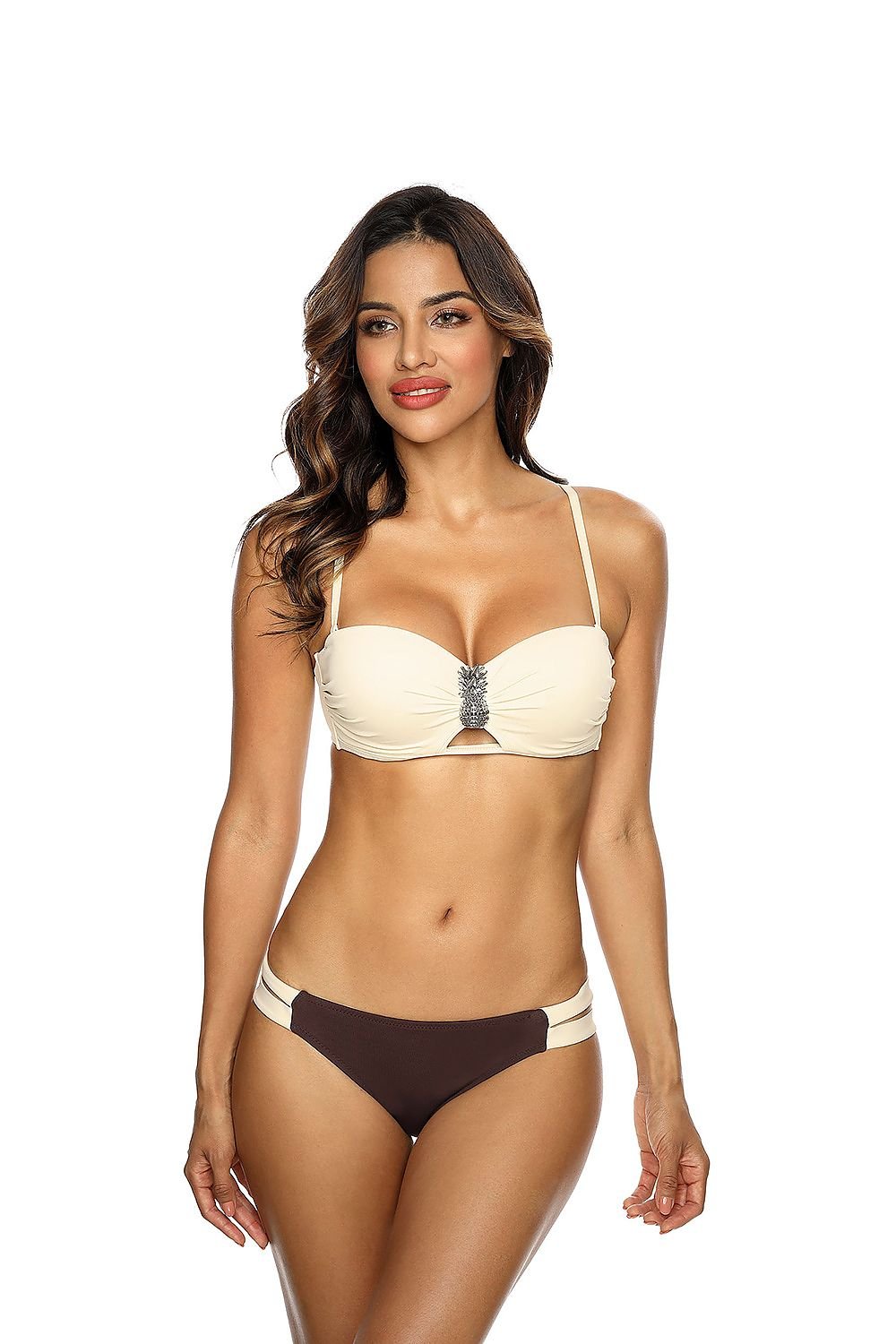 Adjustable Bardot Push-Up Bikini Set brown