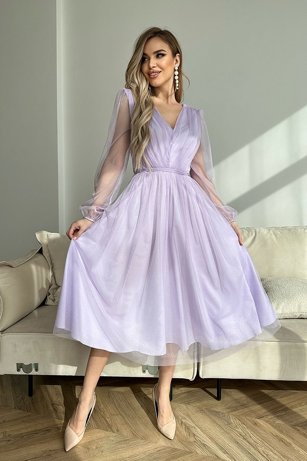 Elegant Layered Midi Dress with Brocade Mesh violet