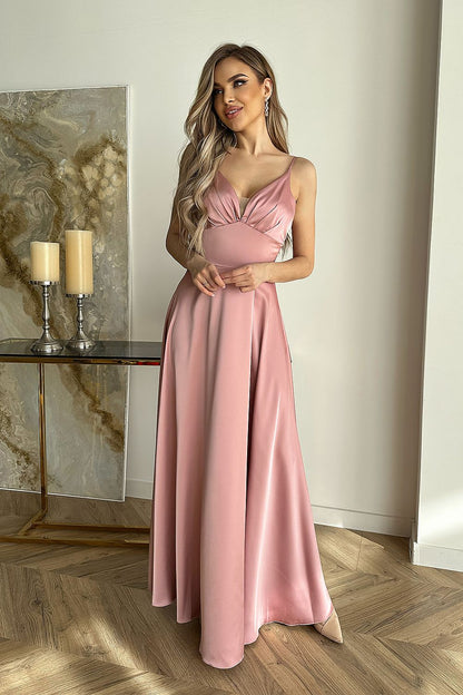 Flowy Satin Bridesmaid Dress with Cutout Top pink