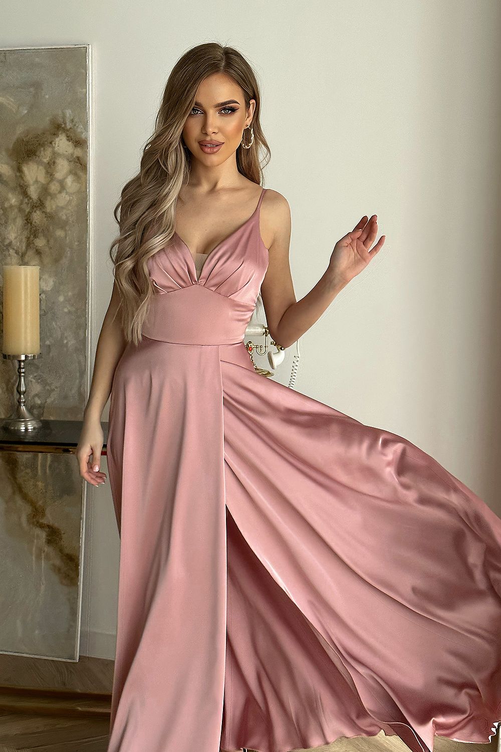 Flowy Satin Bridesmaid Dress with Cutout Top