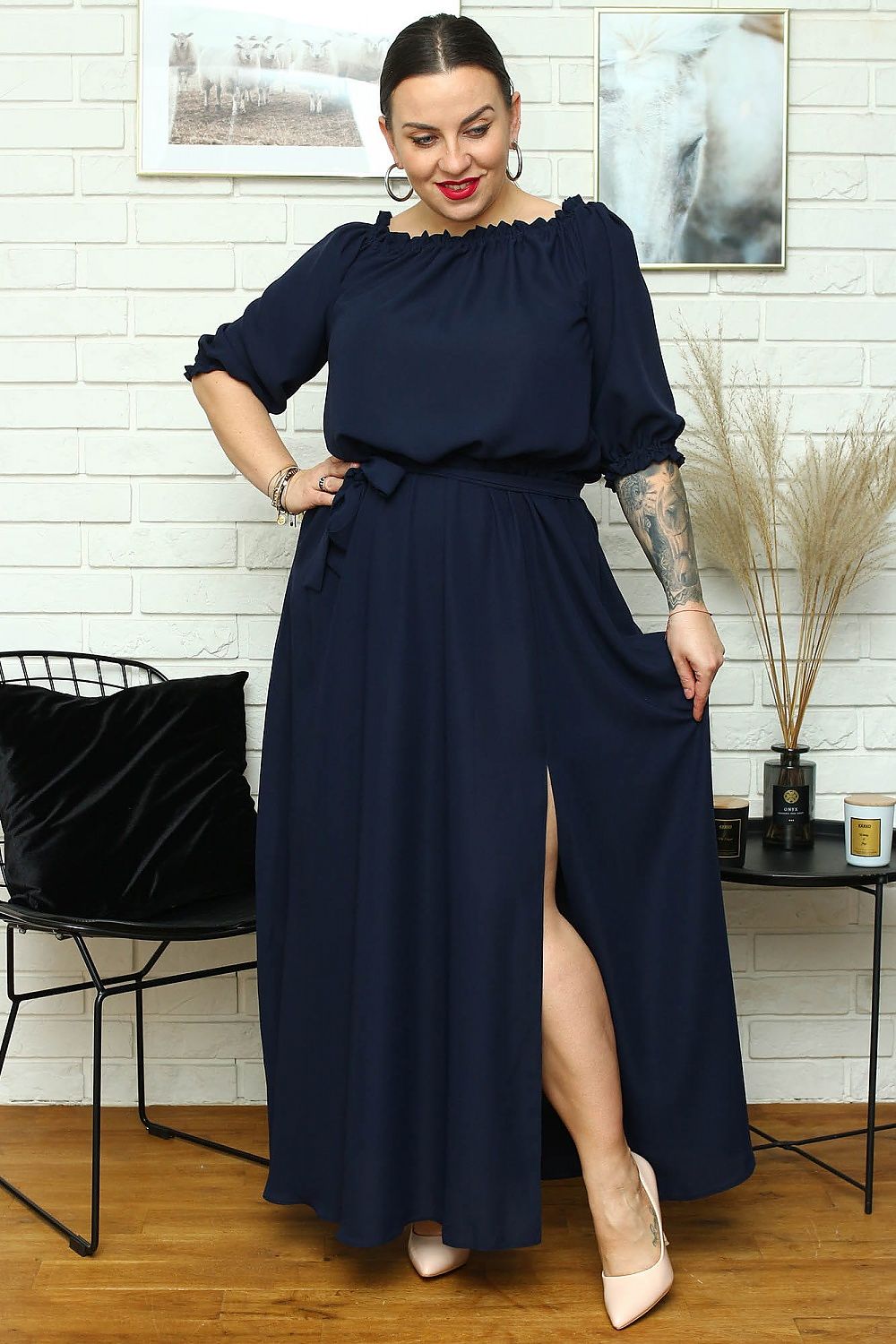 Plus Size Maxi Dress with Slit navy blue