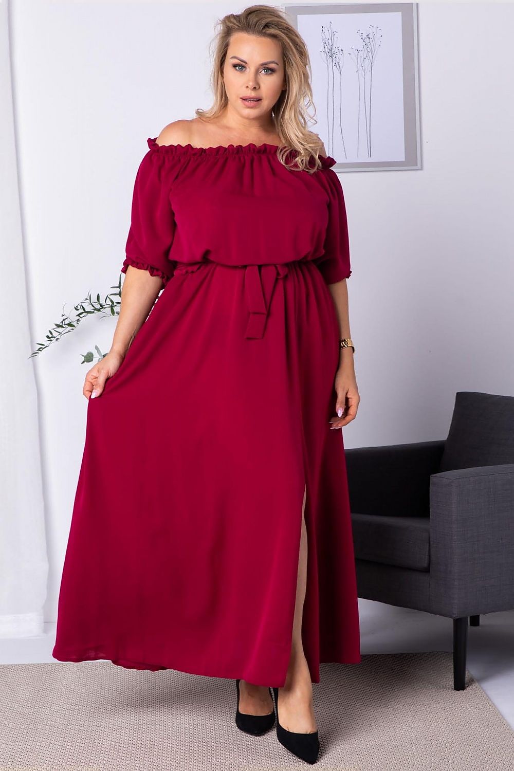 Plus Size Maxi Dress with Slit red