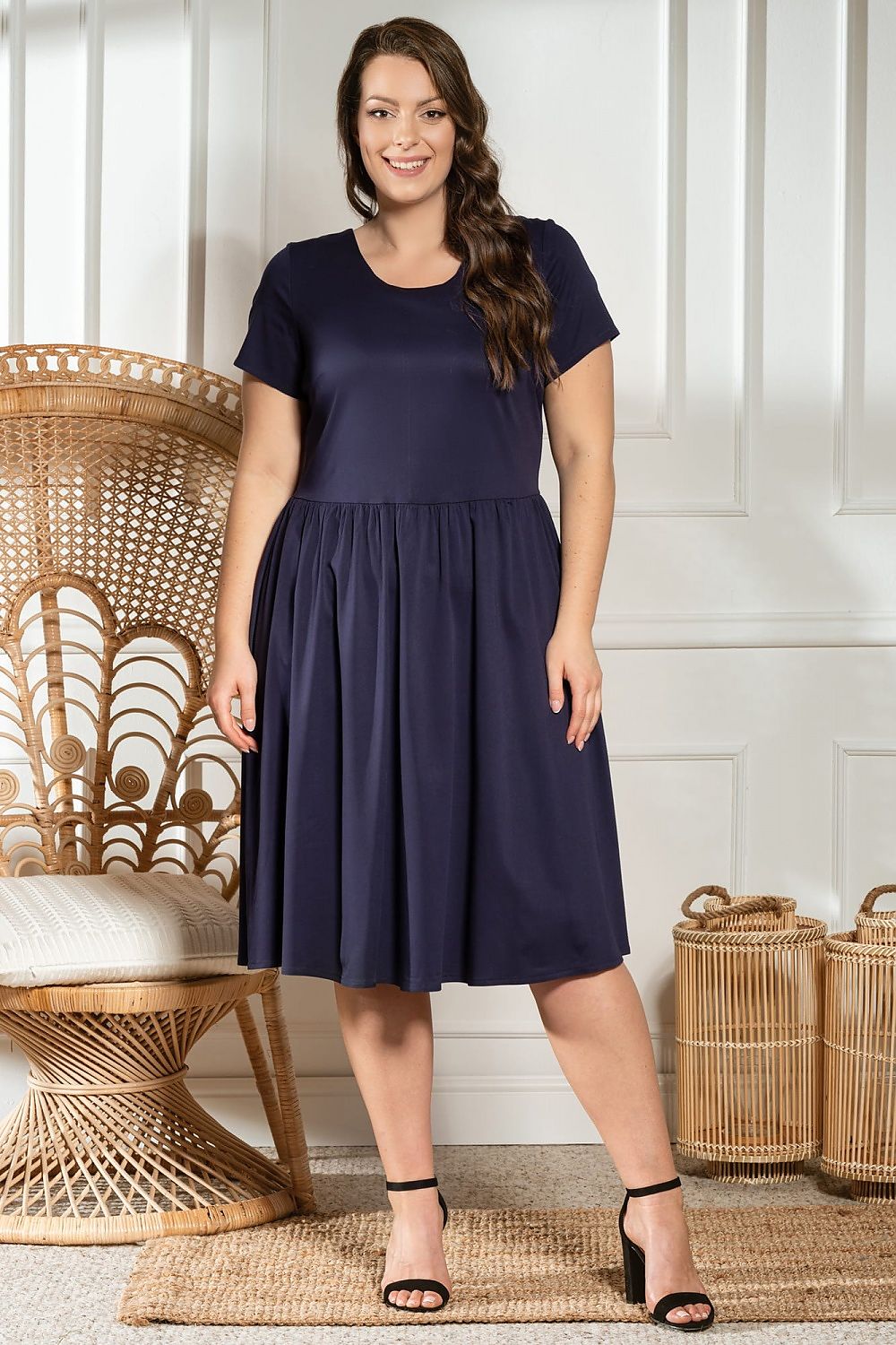 Plus Size Floral Flared Dress navy blue