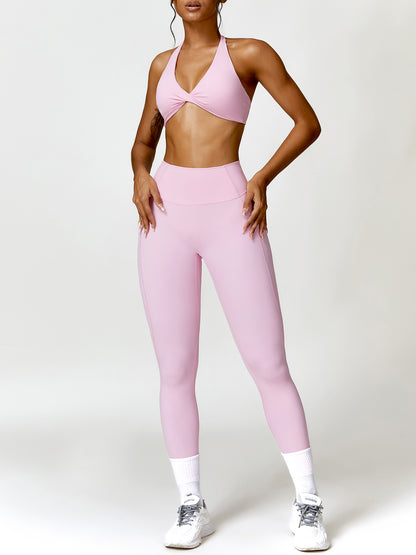 Twisted Halter Neck Bra and High Waist Leggings Active Set Blush Pink