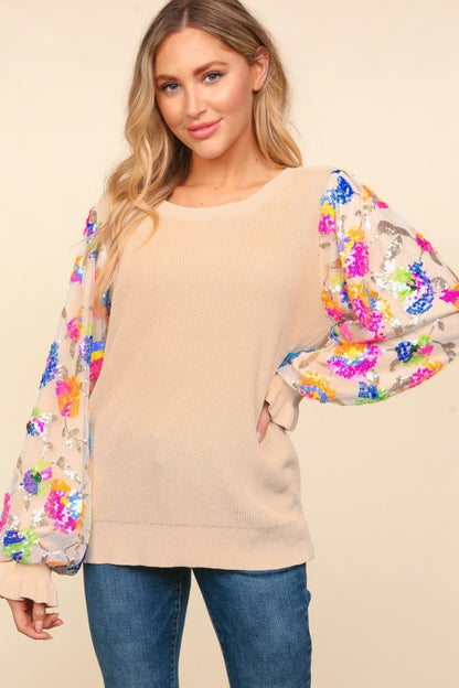 Haptics Floral Sequins Mesh Flounce Sleeve Sweater Tan Multi