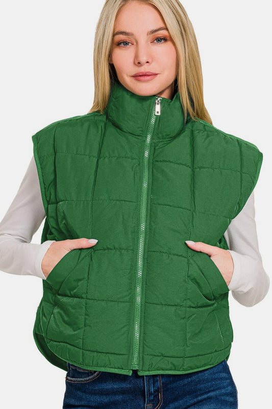 Zenana Zip Up Cropped Puffer Vest with Pockets Dk Green