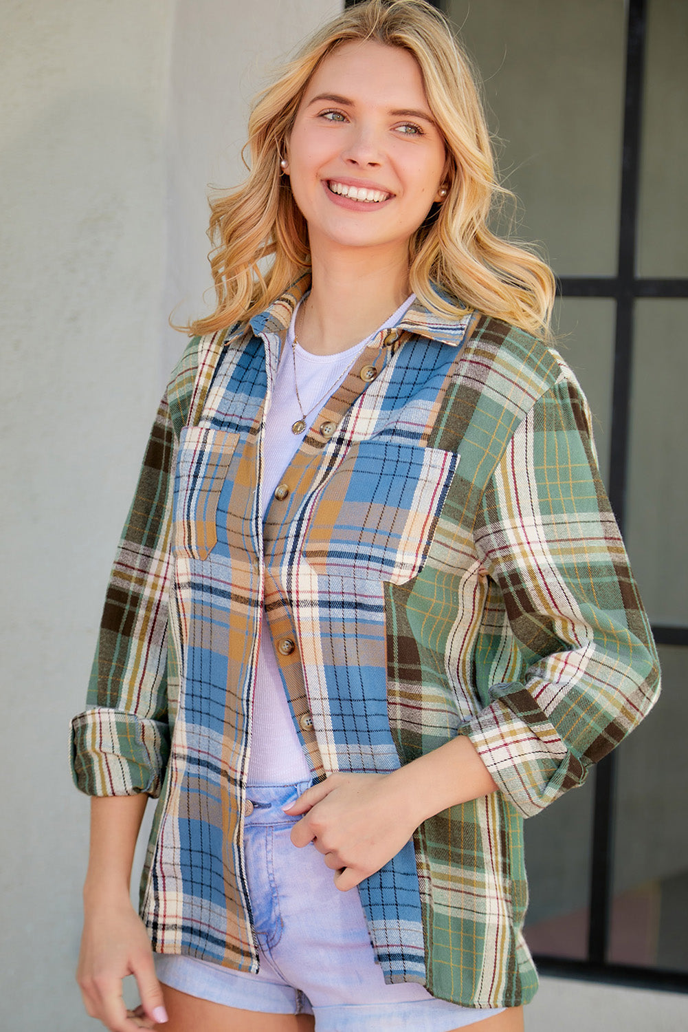 Stretchy Plaid Button-Down Shirt