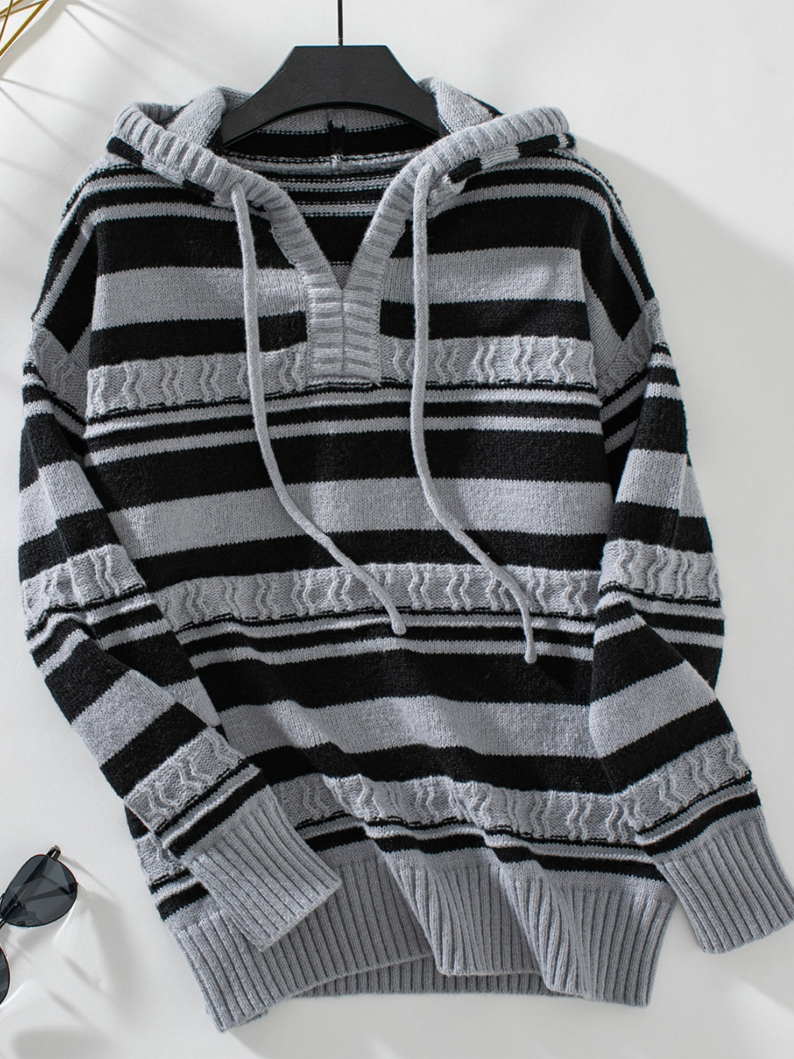 Drawstring Striped Long Sleeve Hooded Sweater Dark Gray