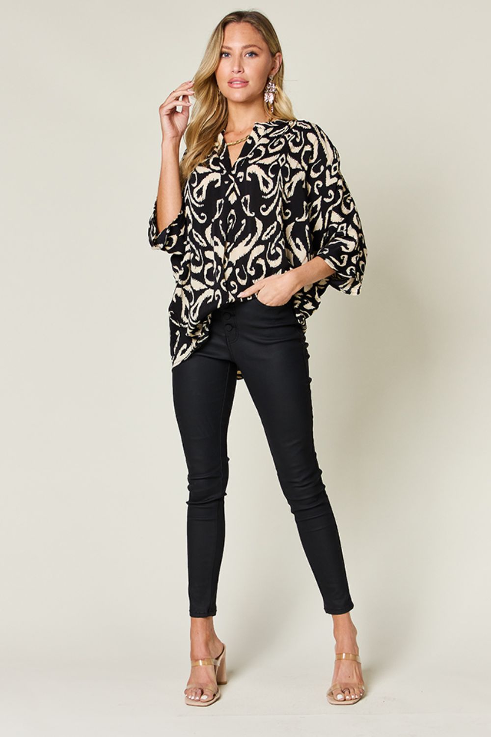 Opaque Printed Elbow Sleeve Blouse