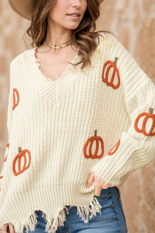 Raw Hem Pumpkin V-Neck Long Sleeve Sweater Beige