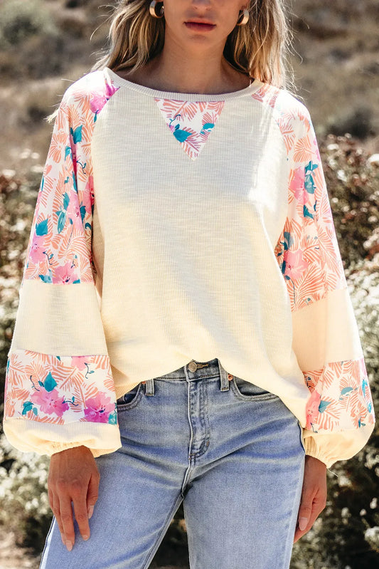 Printed Round Neck Balloon Sleeve Blouse Ivory