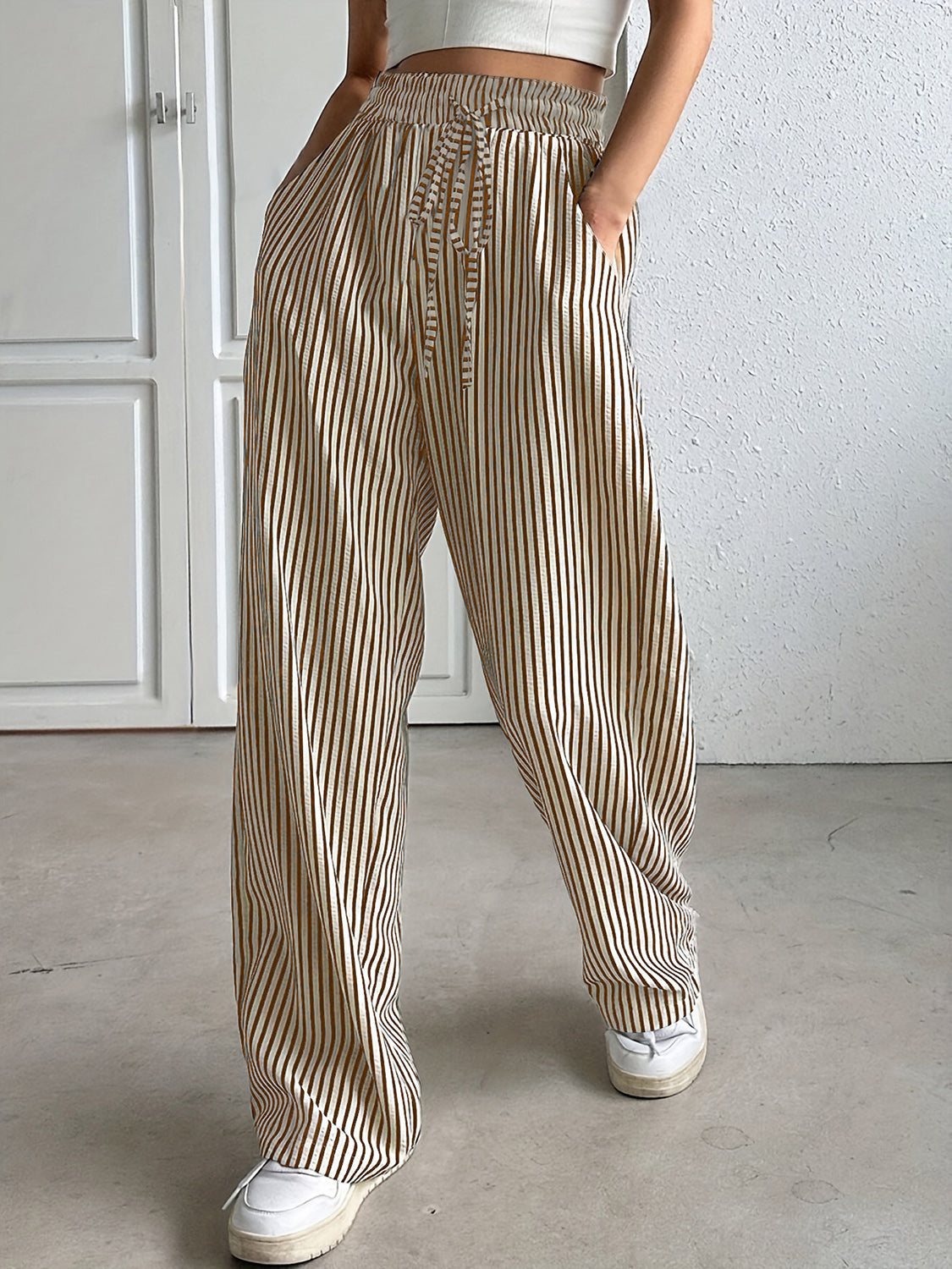 Drawstring Striped Elastic Waist Pants Tan S