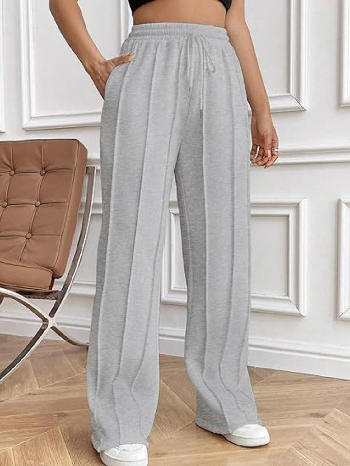 Drawstring Wide Leg Pants with Pockets Gray